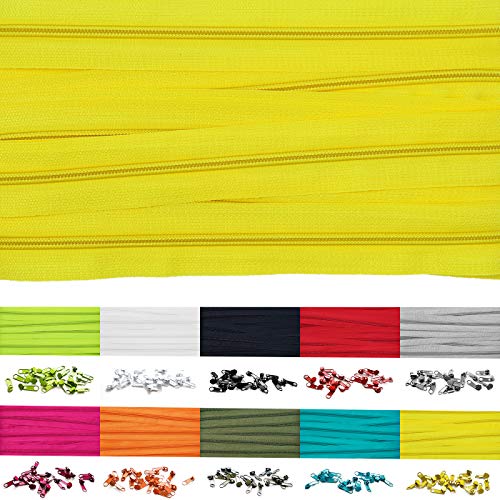 Roban Fashion 10m Endlos Reißverschluss Spirale 5mm mit 20 Zipper Meterware in 24 Farben,10m+20Zipper,Citrongelb von Roban Fashion