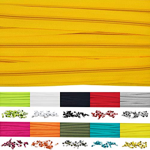Roban Fashion 10m Endlos Reißverschluss Spirale 5mm mit 20 Zipper Meterware in 24 Farben,10m+20Zipper,Gelb von Roban Fashion