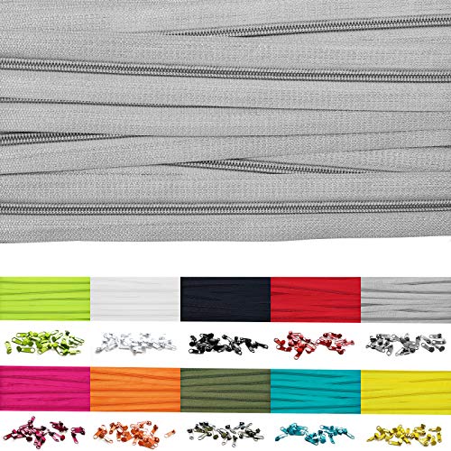 Roban Fashion 10m Endlos Reißverschluss Spirale 5mm mit 20 Zipper Meterware in 24 Farben,10m+20Zipper,Grau von Roban Fashion
