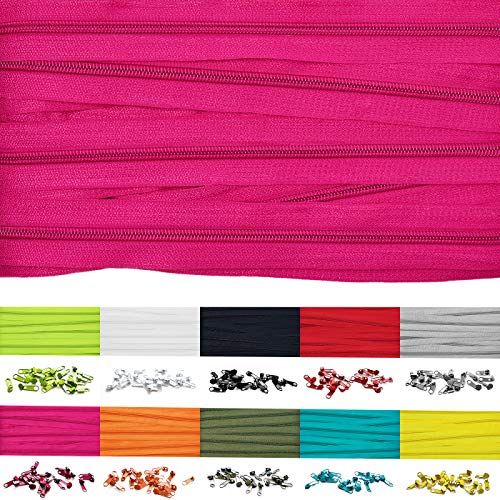 Roban Fashion 10m Endlos Reißverschluss Spirale 5mm mit 20 Zipper Meterware in 24 Farben,10m+20Zipper,Pink von Roban Fashion
