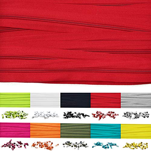 Roban Fashion 10m Endlos Reißverschluss Spirale 5mm mit 20 Zipper Meterware in 24 Farben,10m+20Zipper,Rot von Roban Fashion