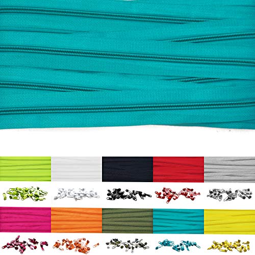 Roban Fashion 10m Endlos Reißverschluss Spirale 5mm mit 20 Zipper Meterware in 24 Farben,10m+20Zipper,Türkis von Roban Fashion
