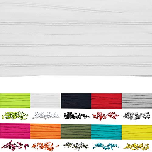 Roban Fashion 10m Endlos Reißverschluss Spirale 5mm mit 20 Zipper Meterware in 24 Farben,10m+20Zipper,Weiß von Roban Fashion