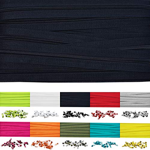 Roban Fashion 50m Endlos Reißverschluss Spirale 5mm mit 100 Zipper Meterware in 24 Farben,50m+100Zipper,Schwarz von Roban Fashion