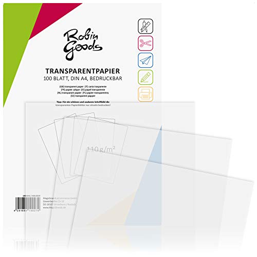 Robin Goods® 100 Blatt Premium Transparentpapier DIN A4, 110g/m², Super Qualität, bedruckbar, Bastelpapier, Pauspapier, Pergamentpapier, Architektenpapier (100 Blatt - transparent) von Robin Goods