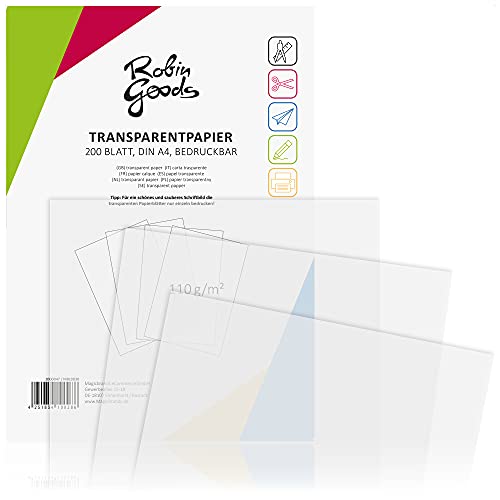 Robin Goods® 200 Blatt Premium Transparentpapier DIN A4, 110g/m², Super Qualität, bedruckbar, Bastelpapier, Pauspapier, Pergamentpapier, Architektenpapier (200 Blatt - transparent) von Robin Goods
