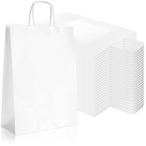 Robin Goods® 25x weiße Papiertüte mit Henkel, Geschenktüten aus Kraftpapier, Henkeltragetasche, Papiertaschen zum Verpacken und Verschenken von Mitgebseln (weiß - 32x23x10cm - 25 Stück) von Robin Goods