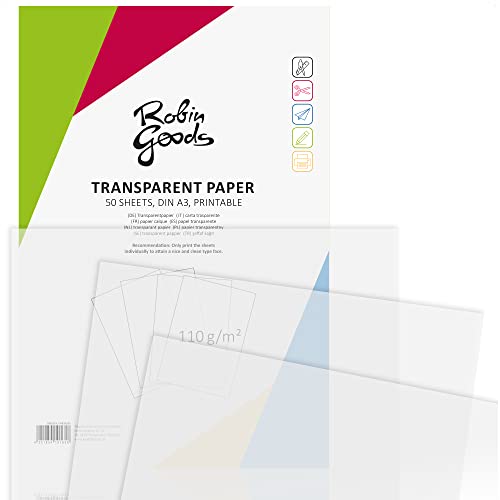 Robin Goods® 50 Blatt Premium Transparentpapier DIN A3, 110g/m², Super Qualität, bedruckbar, Bastelpapier, Pauspapier, Pergamentpapier, Architektenpapier (50 Blatt A3 - transparent) von Robin Goods