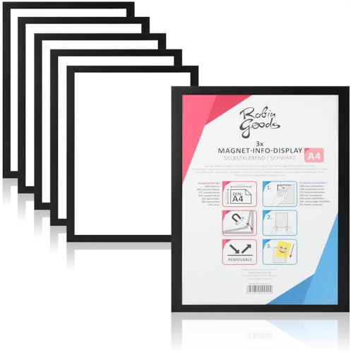 Robin Goods® 6er Set selbstklebende Magnetrahmen DIN A4 - Dokumentenhalter mit Magnetverschluss - Infotasche für Tür, Fenster, Büro, Praxis & Geschäft (schwarz - 6x) von Robin Goods