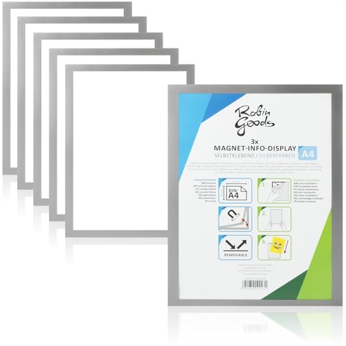 Robin Goods® 6er Set selbstklebende Magnetrahmen DIN A4 - Dokumentenhalter mit Magnetverschluss - Infotasche für Tür, Fenster, Büro, Praxis & Geschäft (silberfarben - 6x) von Robin Goods