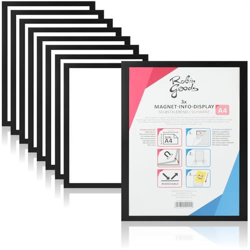 Robin Goods® 9er Set selbstklebende Magnetrahmen DIN A4 - Dokumentenhalter mit Magnetverschluss - Infotasche für Tür, Fenster, Büro, Praxis & Geschäft (schwarz - 9x) von Robin Goods