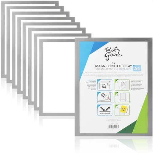 Robin Goods® 9er Set selbstklebende Magnetrahmen DIN A4 - Dokumentenhalter mit Magnetverschluss - Infotasche für Tür, Fenster, Büro, Praxis & Geschäft (silberfarben - 9x) von Robin Goods