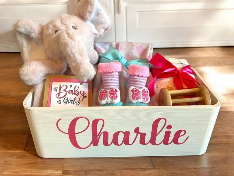 Mädchen Willkommen Baby-Geschenk-Box, Baby Girl Care Paket, Personalisierte Hamper, Neugeborene Geschenk-Box, Geschenk-Set von RobinsNestNC