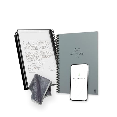 Rocketbook Core Mehrweg-Spiralblock, Executive-Größe 15 cm x 22,4 cm, Grau – gepunktete Seiten, App-verbunden, löschbar, langlebiger Einband, ideal für Schule, Arbeit und kreative Projekte von Rocketbook