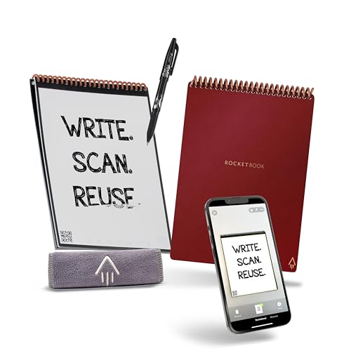Rocketbook Flip Wiedervervendbares Digitales Notizbuch - Executive A5 Scarlet Rot - Elektronischer Notizblock Ringbuch mit Linien und Punktraster - inkl. Pilot FriXion Stift und Mikrofasertuch von Rocketbook