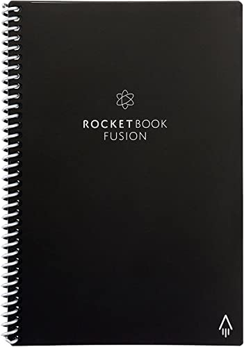 Rocketbook Fusion Wiederverwendbares Notizbuch - Schwarz, Executive A5, 7 Seitenvorlagen mit Kalender, To-Do Liste, Punktraster und Linierte Seiten, Inklusive FriXion Stift und Mikrofasertuch von Rocketbook