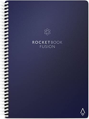 Rocketbook Fusion Smart Wiederverwendbares Notizbuch, Kalender, To-Do-Listen und Notizvorlagenseiten mit 1 Pilot FriXion-Stift und 1 Mikrofasertuch, Executive-Größe, Mitternachtsblau von Rocketbook