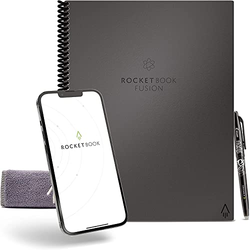 Rocketbook Fusion Wiederverwendbares Notizbuch, Smart Notepad A4 Grau, 7 Layouts, To Do Listen, Daily Bullet Journal, Monats- oder Wochenübersicht, inklusive Pilot FriXion Stift, Reduziert Papiermüll von Rocketbook