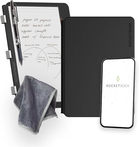 Rocketbook Wiederverwendbares Digitales Notizbuch A5 Schwarz Elektronischer Notizblock mit 20 Blatt Liniert und mit Punktraster, Hardcover Veganes Leder mit inkl. Pilot Frixion Stift von Rocketbook