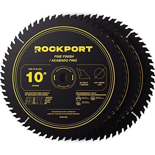 ROCKPORT Tischsägeblätter, 25,4 cm, 60 Zähne, (3 Stück), 25,4 cm Tischsägeblätter und 25,4 cm Gehrungssägeblätter, 1,6 cm Dorn, Mehrzweck-Kreissägeblatt mit Hartmetallspitze für feines Schneiden von von Rockport