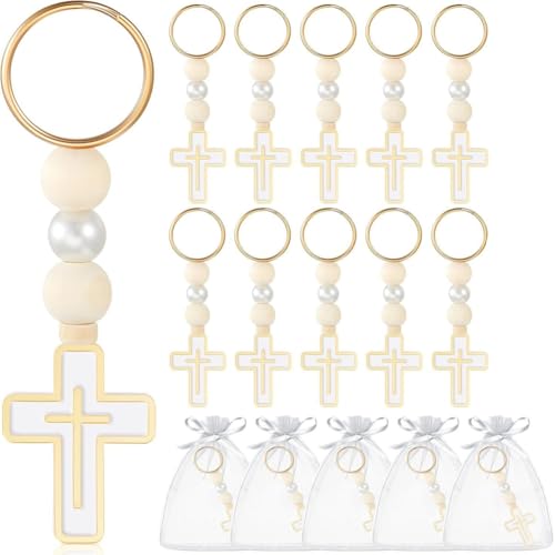 Rockreyoa 10 Stück Kreuz Schlüsselanhänger Holzperlen Taufe Kreuzanhänger mit Organzabeutel Keychain Taschenanhänger Schlüsselringe Glücksbringer Charm für DIY Hochzeit Kommunion Gastgeschenke von Rockreyoa