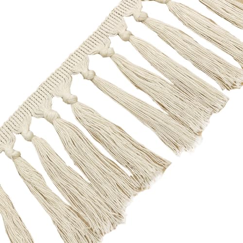 Rockreyoa 11cm Baumwolle Quaste Spitzenband Fransenborte Spitzenbesatz Fransen Trim für DIY Kostüme Kleidung Vorhang Nähen Bastelzubehör Tischdecke Wohnaccessoires Hochzeit Deko Beige 3 Yards von Rockreyoa