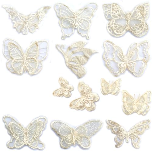 Rockreyoa 13 Stück Schmetterling Applikationen Bestickte Spitzenpatches 3D Spitzen Aufnäher Stickerei Stoff Patch zum Aufnähen für DIY Kleidung Kopfschmuck Hochzeit Dekor Brautkleid Beige von Rockreyoa
