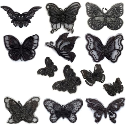 Rockreyoa 13 Stück Schmetterling Applikationen Bestickte Spitzenpatches 3D Spitzen Aufnäher Stickerei Stoff Patch zum Aufnähen für DIY Kleidung Kopfschmuck Hochzeit Dekor Brautkleid Schwarz von Rockreyoa