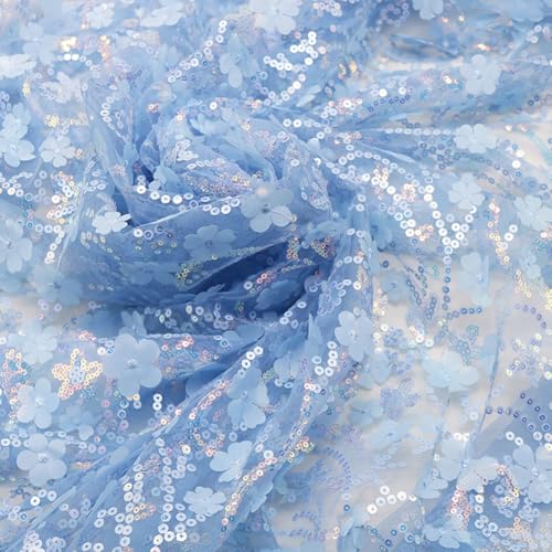 Rockreyoa 130cm 3D-Pailletten Blumen Tüllstoff Spitzen Mesh-Stoff Pailletten-Blumen-Spitzenstoff Meterware für DIY-Kleidung, Damenrock, Hochzeitskleid, Heimdekoration Hellblau 1 Yard von Rockreyoa