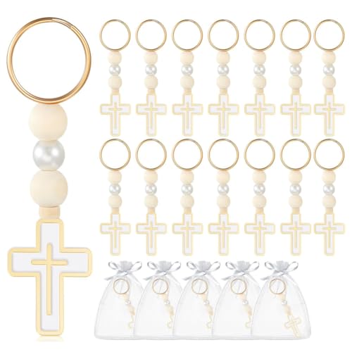 Rockreyoa 15 Stück Kreuz Schlüsselanhänger Holzperlen Taufe Kreuzanhänger mit Organzabeutel Keychain Taschenanhänger Schlüsselringe Glücksbringer Charm für DIY Hochzeit Kommunion Gastgeschenke von Rockreyoa