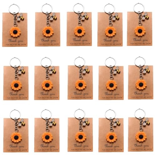 Rockreyoa 15 Stück Sonnenblumen Schlüsselanhänger mit Dankeschön Tags Biene Gastgeschenke Taufe Taschenanhänger Bee Keychain Schlüsselring für Geburtstagsfeier Konfirmation Zubehör Deko von Rockreyoa