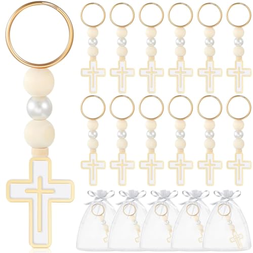 Rockreyoa 20 Stück Kreuz Schlüsselanhänger Holzperlen Taufe Kreuzanhänger mit Organzabeutel Keychain Taschenanhänger Schlüsselringe Glücksbringer Charm für DIY Hochzeit Kommunion Gastgeschenke von Rockreyoa