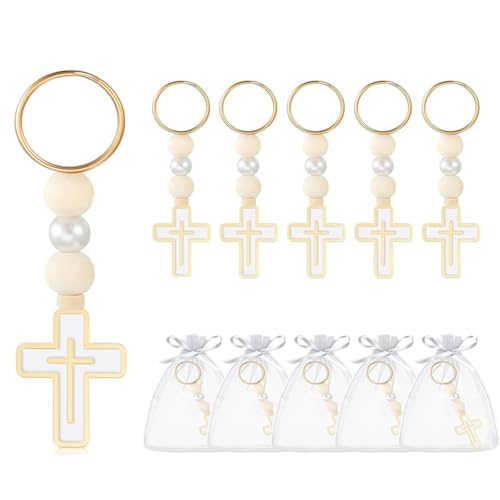 Rockreyoa 5 Stück Kreuz Schlüsselanhänger Holzperlen Taufe Kreuzanhänger mit Organzabeutel Keychain Taschenanhänger Schlüsselringe Glücksbringer Charm für DIY Hochzeit Kommunion Gastgeschenke von Rockreyoa