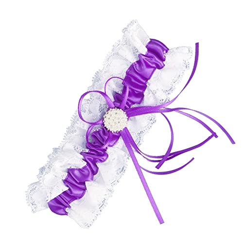 Rockreyoa Braut Strumpfband mit Perle Schleife Spitze Brautstrumpfband Weiß Rüschen Strumpfbänder Elastisch Hochzeitsstrumpfband Satin Bow Leg Band für Damen Brautgeschenk Brautaccessoires Lila von Rockreyoa