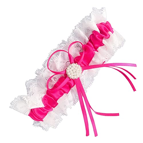 Rockreyoa Braut Strumpfband mit Perle Schleife Spitze Brautstrumpfband Weiß Rüschen Strumpfbänder Elastisch Hochzeitsstrumpfband Satin Bow Leg Band für Damen Brautgeschenk Brautaccessoires Rosa von Rockreyoa