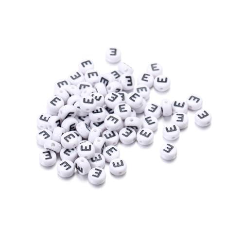 Rockreyoa Buchstabenperlen Weiß Kreis mit schwarzer Buchstaben 100 Stück Acryl Buchstaben Perlen zum Auffädeln für armbänder Haarband Schmuck Basteln DIY Crafts Schlüsselanhängern,4 x 7 MM E von Rockreyoa