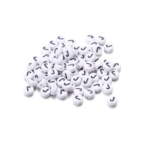Rockreyoa Buchstabenperlen Weiß Kreis mit schwarzer Buchstaben 100 Stück Acryl Buchstaben Perlen zum Auffädeln für armbänder Haarband Schmuck Basteln DIY Crafts Schlüsselanhängern,4 x 7 MM J von Rockreyoa
