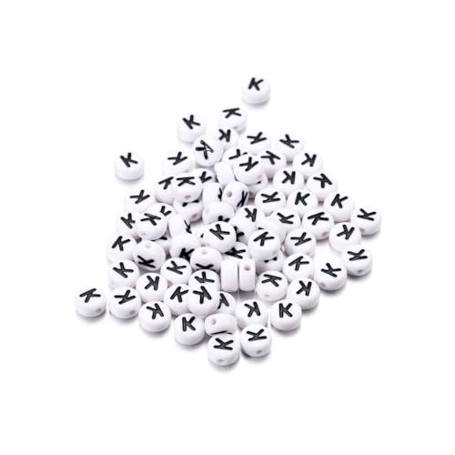 Rockreyoa Buchstabenperlen Weiß Kreis mit schwarzer Buchstaben 100 Stück Acryl Buchstaben Perlen zum Auffädeln für armbänder Haarband Schmuck Basteln DIY Crafts Schlüsselanhängern,4 x 7 MM K von Rockreyoa
