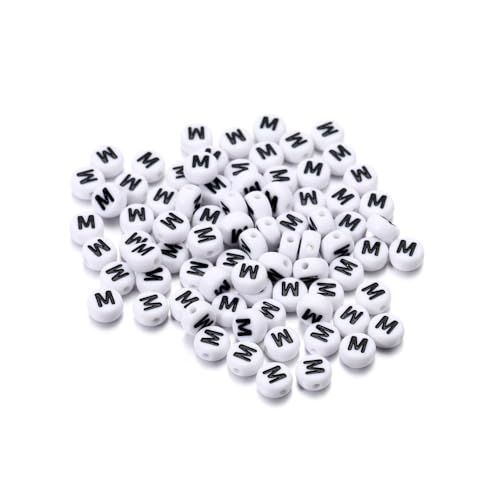Rockreyoa Buchstabenperlen Weiß Kreis mit schwarzer Buchstaben 100 Stück Acryl Buchstaben Perlen zum Auffädeln für armbänder Haarband Schmuck Basteln DIY Crafts Schlüsselanhängern,4 x 7 MM M von Rockreyoa