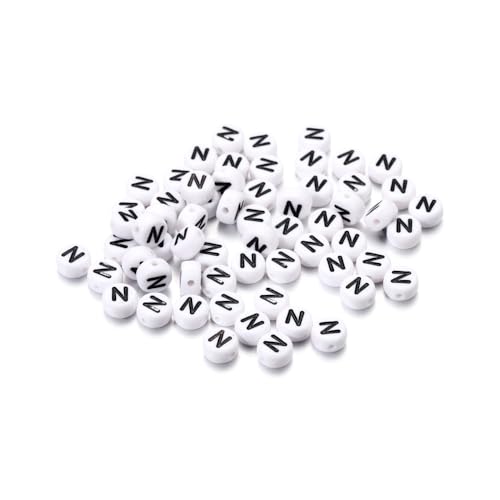 Rockreyoa Buchstabenperlen Weiß Kreis mit schwarzer Buchstaben 100 Stück Acryl Buchstaben Perlen zum Auffädeln für armbänder Haarband Schmuck Basteln DIY Crafts Schlüsselanhängern,4 x 7 MM N von Rockreyoa