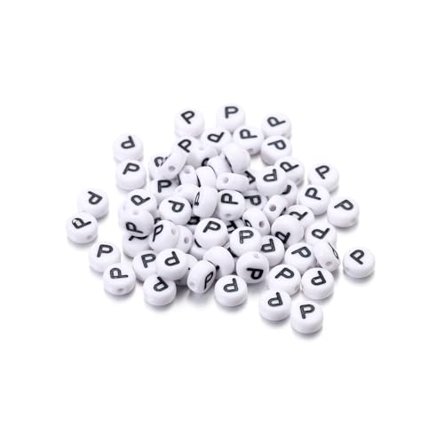 Rockreyoa Buchstabenperlen Weiß Kreis mit schwarzer Buchstaben 100 Stück Acryl Buchstaben Perlen zum Auffädeln für armbänder Haarband Schmuck Basteln DIY Crafts Schlüsselanhängern,4 x 7 MM P von Rockreyoa