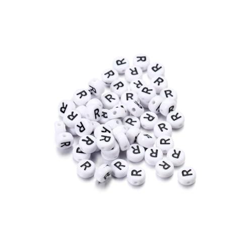 Rockreyoa Buchstabenperlen Weiß Kreis mit schwarzer Buchstaben 100 Stück Acryl Buchstaben Perlen zum Auffädeln für armbänder Haarband Schmuck Basteln DIY Crafts Schlüsselanhängern,4 x 7 MM R von Rockreyoa