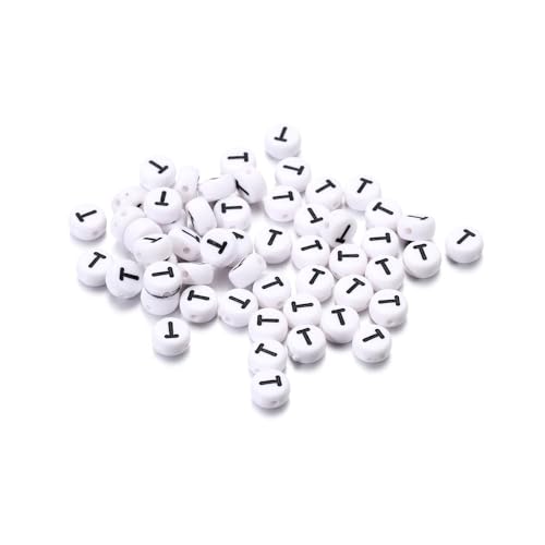 Rockreyoa Buchstabenperlen Weiß Kreis mit schwarzer Buchstaben 100 Stück Acryl Buchstaben Perlen zum Auffädeln für armbänder Haarband Schmuck Basteln DIY Crafts Schlüsselanhängern,4 x 7 MM T von Rockreyoa