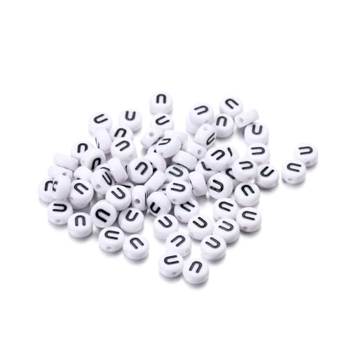 Rockreyoa Buchstabenperlen Weiß Kreis mit schwarzer Buchstaben 100 Stück Acryl Buchstaben Perlen zum Auffädeln für armbänder Haarband Schmuck Basteln DIY Crafts Schlüsselanhängern,4 x 7 MM U von Rockreyoa