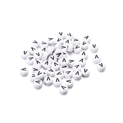 Rockreyoa Buchstabenperlen Weiß Kreis mit schwarzer Buchstaben 100 Stück Acryl Buchstaben Perlen zum Auffädeln für armbänder Haarband Schmuck Basteln DIY Crafts Schlüsselanhängern,4 x 7 MM V von Rockreyoa