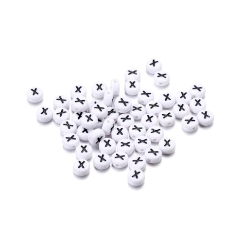 Rockreyoa Buchstabenperlen Weiß Kreis mit schwarzer Buchstaben 100 Stück Acryl Buchstaben Perlen zum Auffädeln für armbänder Haarband Schmuck Basteln DIY Crafts Schlüsselanhängern,4 x 7 MM X von Rockreyoa