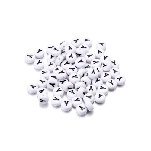 Rockreyoa Buchstabenperlen Weiß Kreis mit schwarzer Buchstaben 100 Stück Acryl Buchstaben Perlen zum Auffädeln für armbänder Haarband Schmuck Basteln DIY Crafts Schlüsselanhängern,4 x 7 MM Y von Rockreyoa