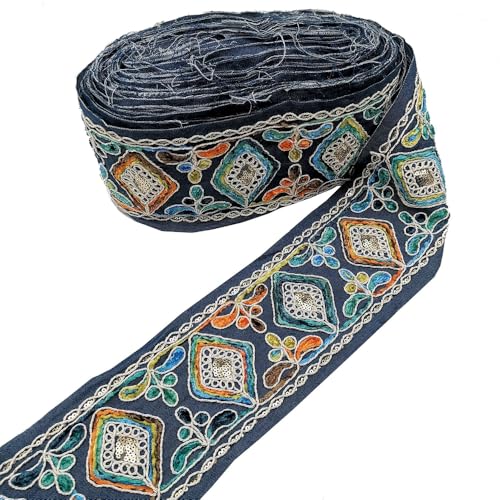 Rockreyoa Vintage Jacquard-Band Boho Bestickter Bortenstoff Blumen Besticktes Band Gewebter Blumen-Bordürenstoff Ethnischer Stickerei Spitzenborte Jacquard Ribbon Trim Hellblau (12cm) 10 Yards von Rockreyoa