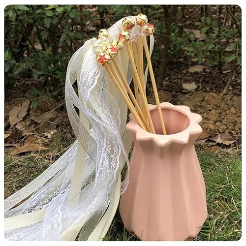 Rockreyoa Wedding Wands Stick Seidenfeenstab Wands Hochzeit mit Glocke Lace Fairy Sticks with Bells Ribbon Fairy Stick Hochzeit Feenstäbe Wirbelnden Hochzeitsschlangen Band Wands Champagner 20 Stück von Rockreyoa