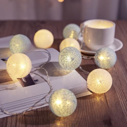 Rocky Green LED-Lichterkette mit Baumwollkugeln, Weihnachtsdekoration, für Schlafzimmer, Außenleuchten (weiß + blau, 2 m10 Lichter [USB immer an) von Rocky Green
